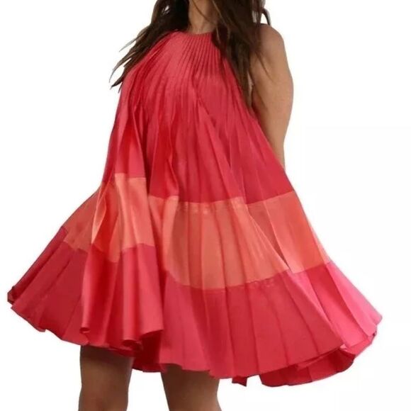Sz 2 BCBGMaxazria Pink Orange Raspberry Pleated Accordion Sleeveless Mini Dress - Picture 1 of 10